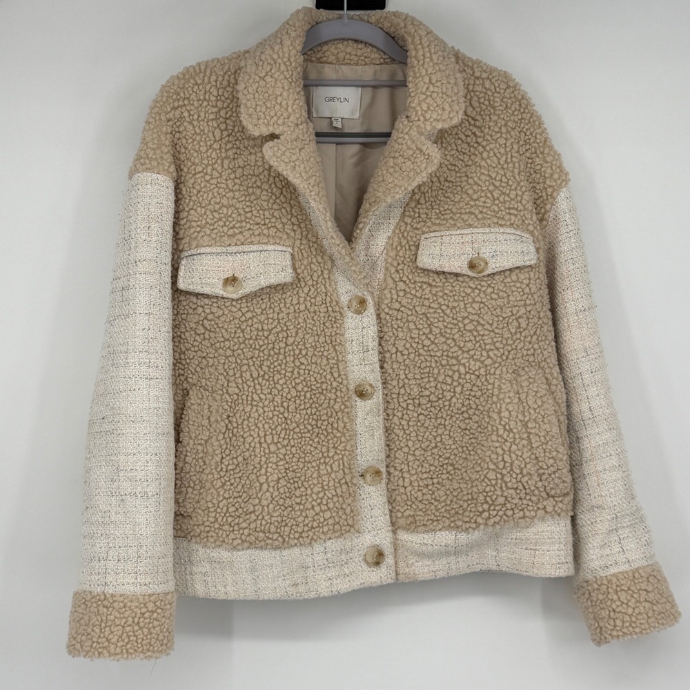 Greylin Kayla Jacket Women's M Beige Sherpa Tweed Mixed Media Button Front